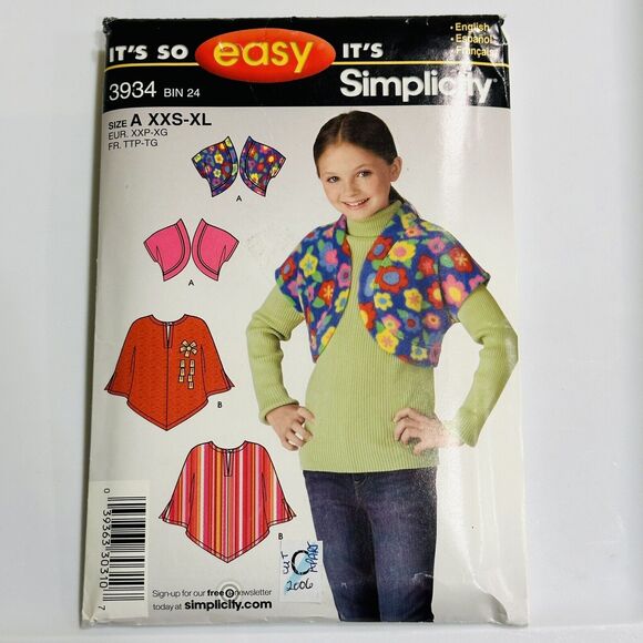 Girl's Poncho Shrug Simplicity Sewing Pattern 3934 Sizes XXS XS S M L XL - Picture 1 of 2